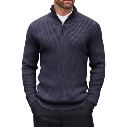 Suéter masculino com zíper quarto, gola simulada, casual, malha canelada, pulôver, outono, leve, polo, inverno, quente, roupa externa