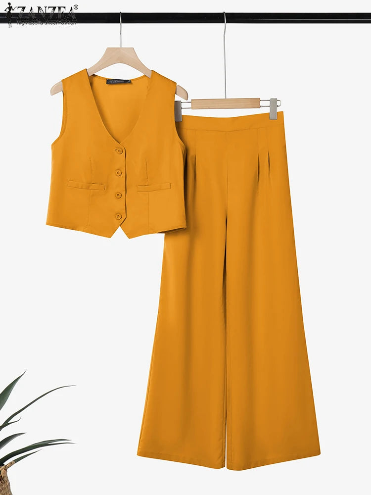 Zanzea rua moda feminina 2 peças conjuntos elegante colete topos calças de perna larga 2 pçs ternos roupa senhora do escritório cor sólida conjuntos de calças