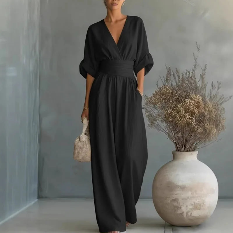 2026 Deep V Neck Women's Jumpsuits Elegant Solid High Waist Rompers Casual Wide Leg Pants Pocket Overalls Vacation Outfit Loose