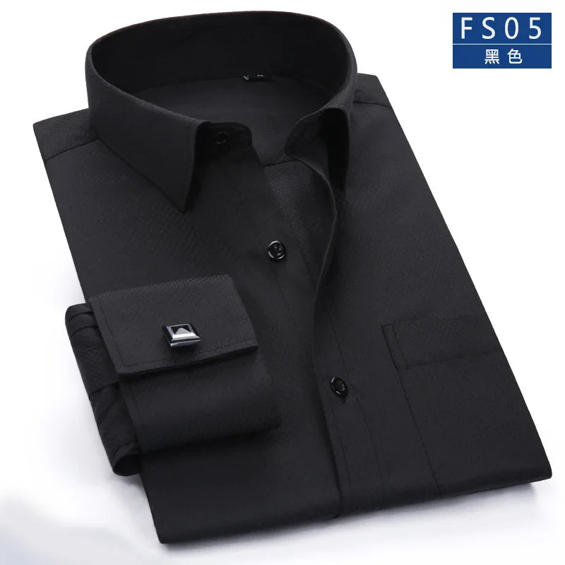 Quality French Cufflinks Shirt Men's Long Sleeve Tuxedo Male Brand Slim Fit White Button Cuff Social Men Dress Shirts
