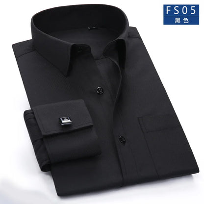 Quality French Cufflinks Shirt Men's Long Sleeve Tuxedo Male Brand Slim Fit White Button Cuff Social Men Dress Shirts