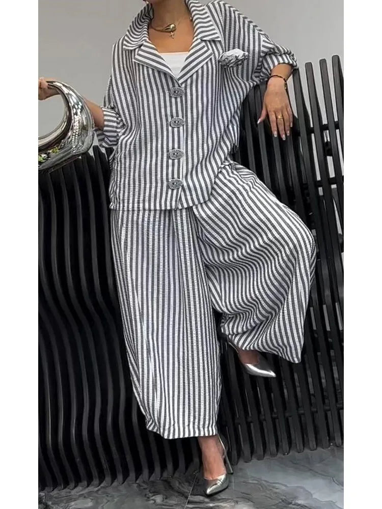 Women Fashion Lapel Wide Leg Pants Loose Sets 2024 Spring Autumn New Stripe Print 2PCS Casual Suits Office Simple Outfites