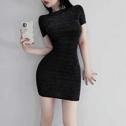Vestido Midi Preto Sexy de Manga Longa com Ajuste Justo para Mulheres, Saia Elástica de Primavera/Verão com Cintura Marcada e Transparência, Vestido Justo ao Corpo