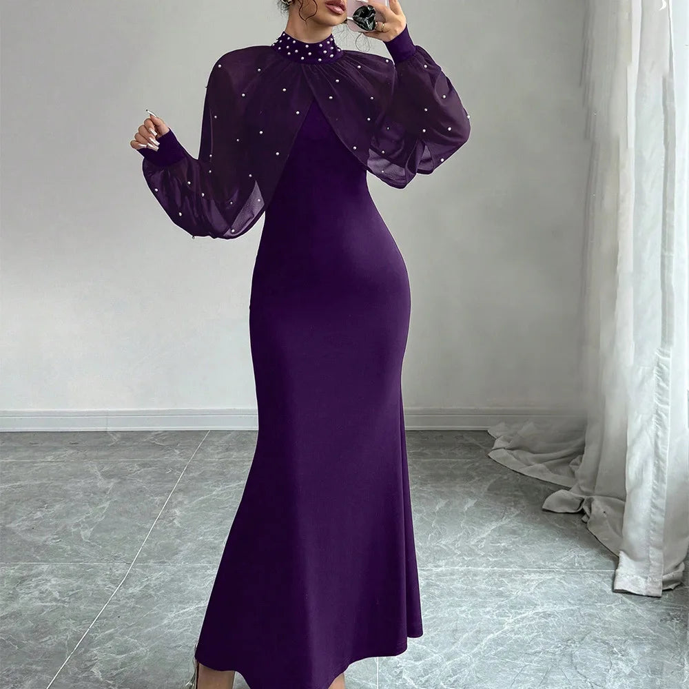 Vestido Formal Elegante de Manga Longa Estilo Sereia com Contas e Saia de Veludo Brilhante para Mulheres, Estilo Chic e Elegante