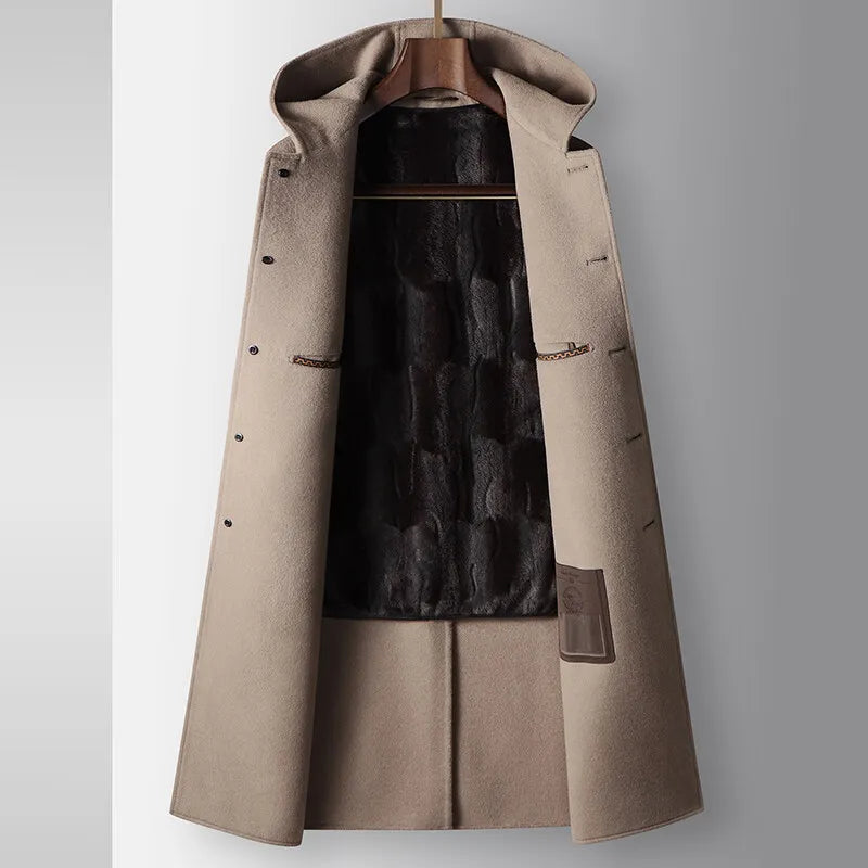 2024 inverno novo moletom com capuz masculino médio longo casaco de lã coelho pelúcia grosso quente casaco casual tecido high end 100% lã pura
