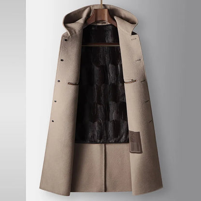 2024 inverno novo moletom com capuz masculino médio longo casaco de lã coelho pelúcia grosso quente casaco casual tecido high end 100% lã pura