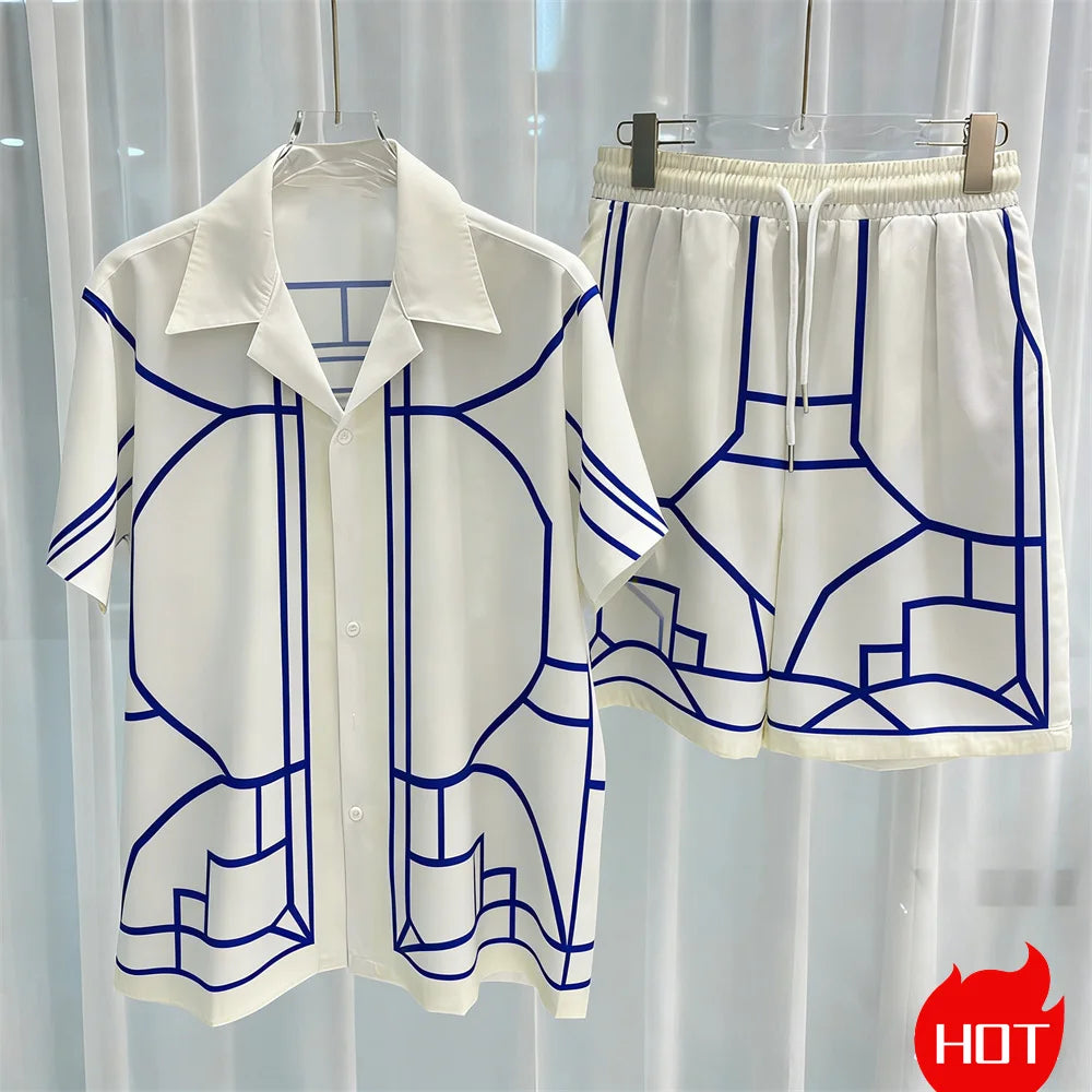 Conjunto de verão 3D masculino de duas peças, camisa havaiana de alta qualidade e shorts, conjunto unissex estilo Y2K, pijama masculino para ficar em casa.