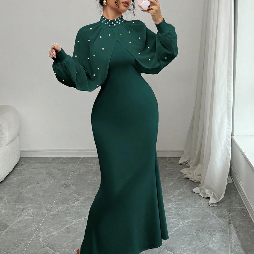 Vestido Longo Sereia Feminino 2026 Elegante com Gola Alta, Manga Longa em Tule, Cintura Marcada e Renda Sexy para Casamento