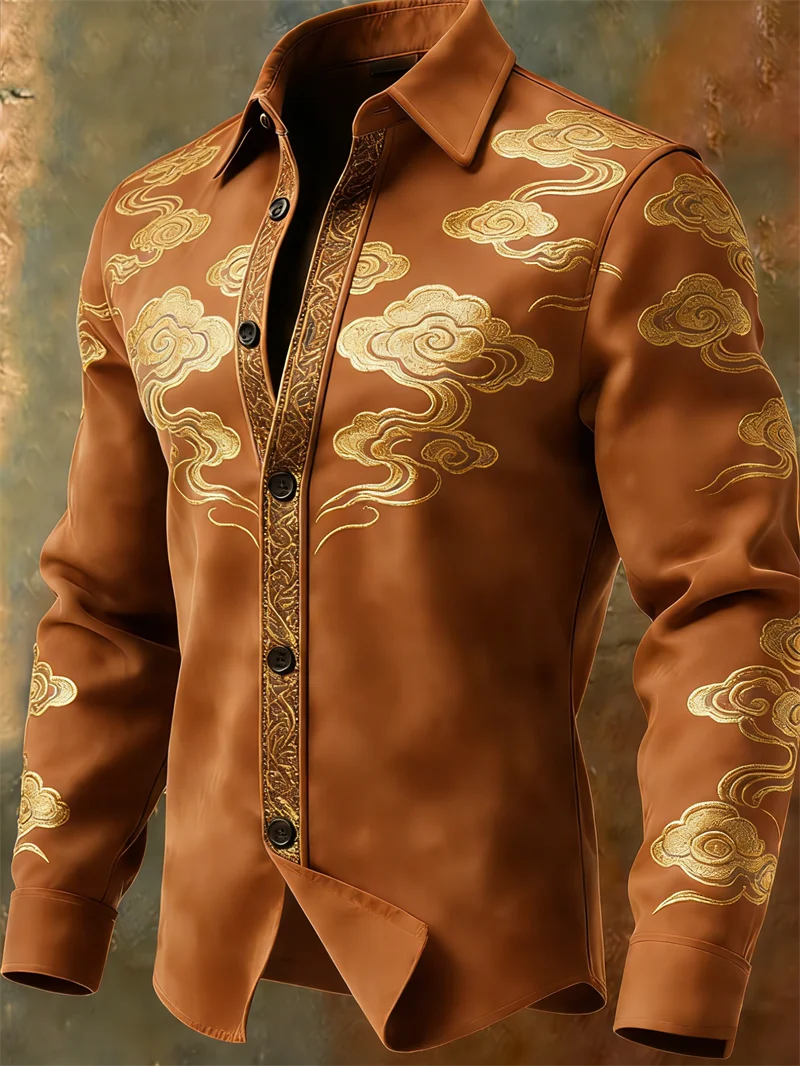 Nova camisa masculina retrô com padrão multicolorido e estampa 3D de nuvens, camisa casual marrom de manga comprida para o dia a dia.
