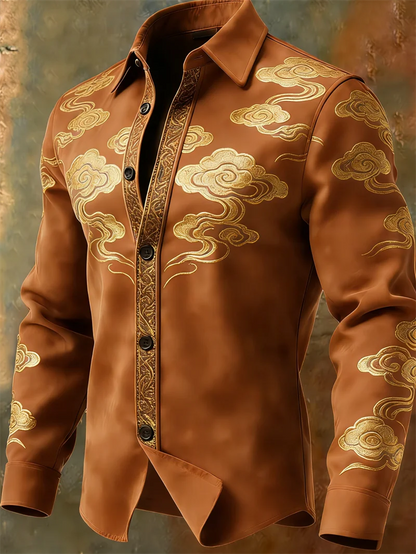 Nova camisa masculina retrô com padrão multicolorido e estampa 3D de nuvens, camisa casual marrom de manga comprida para o dia a dia.