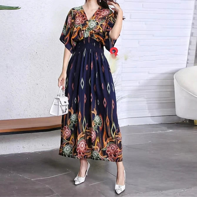 Flor colorida com decote em v elástico jovem boêmio doce midi vestido mulher roupas chique moda vestidos de verão 2025 grande balanço esqui