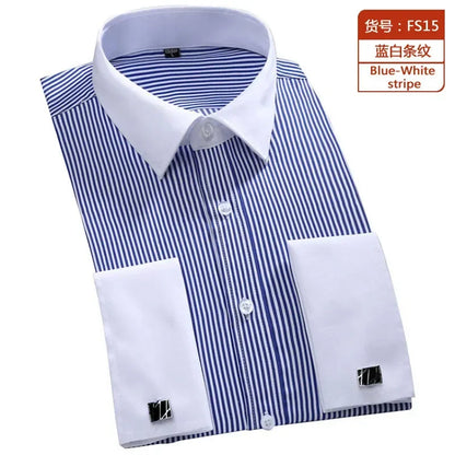 Qualidade e suave formal masculino francês manguito vestido camisa masculina manga longa sólido listrado estilo camisas masculinas abotoaduras incluem plus size