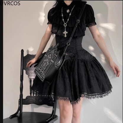 Estilo gótico japonês strass arco saia conjunto feminino doce rendas babados camisas bandagem fina mini saia feminina lolita y2k outfits