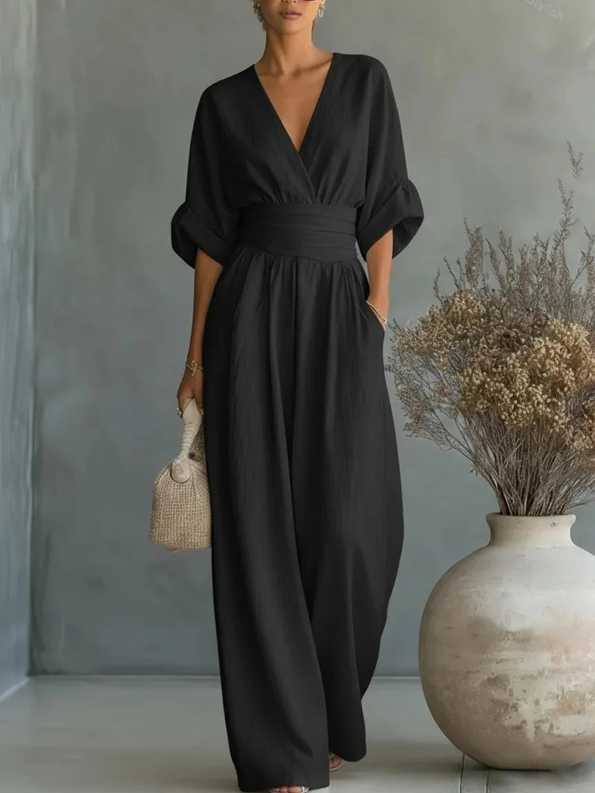 Waist V-neck Jumpsuit 2026 Spring And Summer New Style Fashionable And Elegant Women's Solid Color Mid-sleeve Wide-leg Jumpsuit