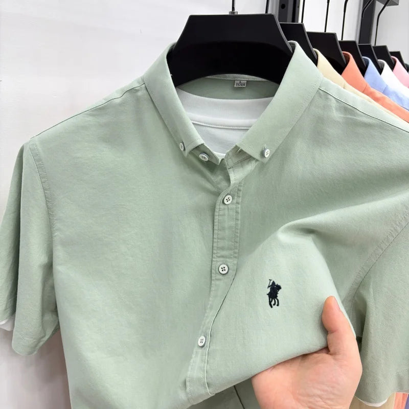 Camisa de manga curta de marca de grife 100% algodão masculina de verão de alta qualidade com bordado de pônei, elegante, para golfe, casual de negócios, confortável.