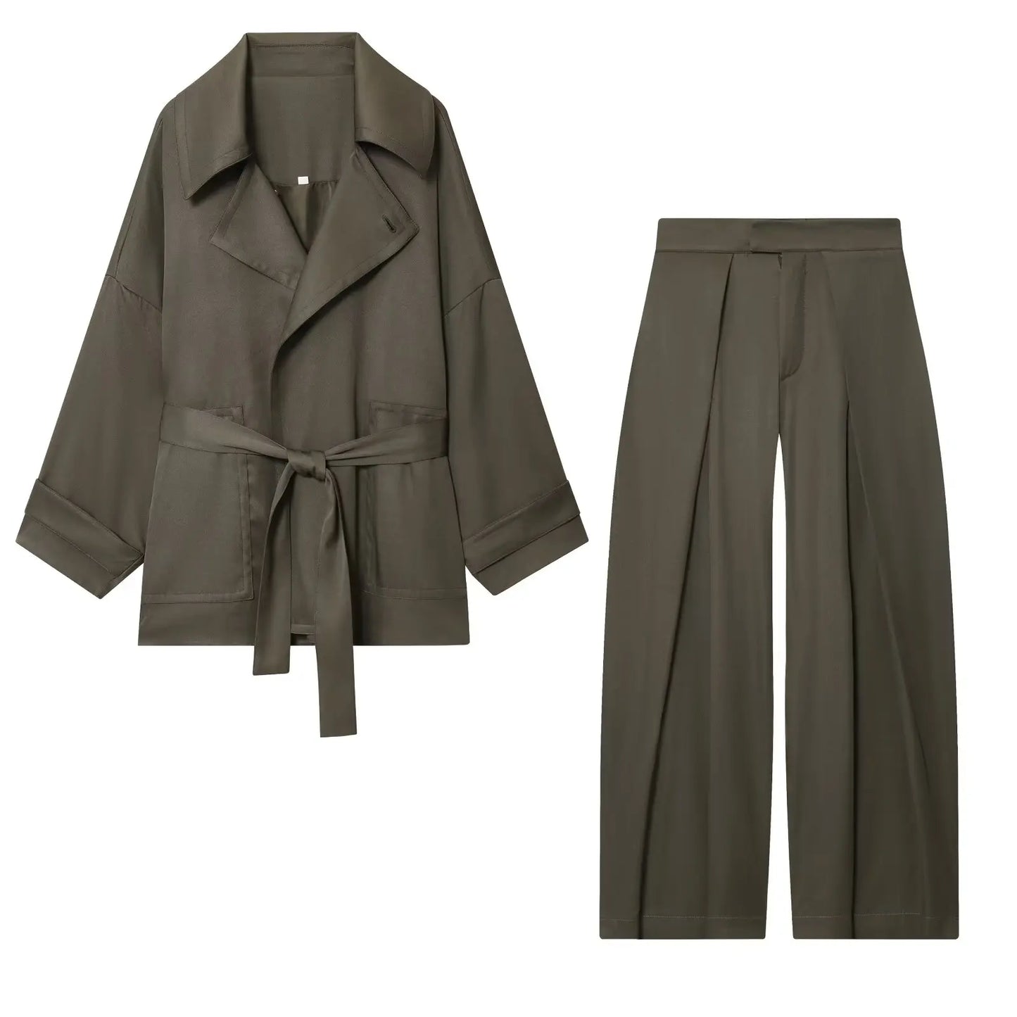 Mulheres meados de cintura calças conjunto de duas peças casual fluindo com cinto jaqueta frente plissado calças 2 peça conjunto feminino outfit