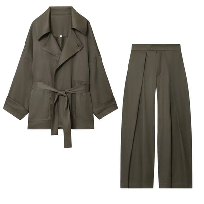 Mulheres meados de cintura calças conjunto de duas peças casual fluindo com cinto jaqueta frente plissado calças 2 peça conjunto feminino outfit