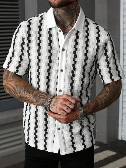 Camisa Clássica de Malha com Listras Xadrez para Homens, Manga Curta, Botão Frontal, Colarinho Tradicional, Estilo Vintage, Ajuste Slim