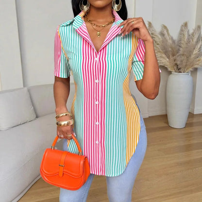Camisa Feminina Estampada da Moda 2026 Novo Estilo Slim Fit Manga Curta Cardigã Patchwork Estilo Doce Elegante Qualidade Poliéster