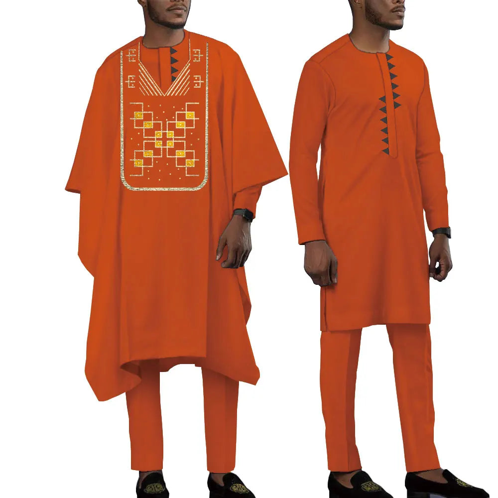 Terno bordado de manga comprida africano masculino, calças e blusões casuais empresariais Dashiki, conjunto de 3 peças, WYN1643