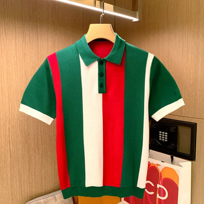 Camisa polo de retalhos listrado masculino, tops de malha casual, camiseta de manga curta, moda verão, nova, 2022, Z18