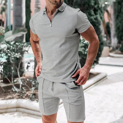 Verão masculino esportes polo terno de manga curta elegante zíper camisa polo e shorts conjunto masculino casual streetwear 2 peças lazer esportes conjunto