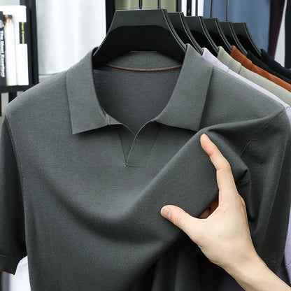 100% Lyocell malhas 2025 homens primavera verão na moda turn down collar malha camisetas manga curta respirável malha topos