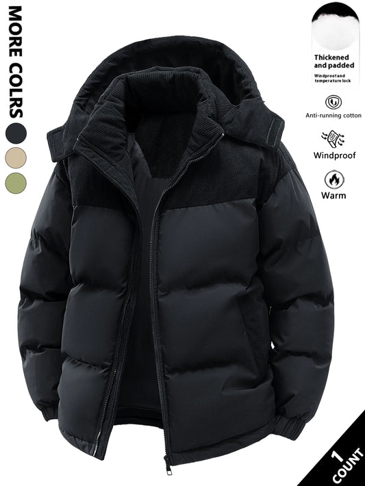 Jaqueta masculina de algodão com capuz, espessada e quente no inverno, à prova de vento e resistente ao frio, simples e versátil para roupas de trabalho