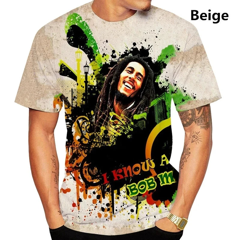Camiseta de verão com estampa 3D do Bob Marley, estilo reggae e hip hop, para homens. Camiseta casual de manga curta.