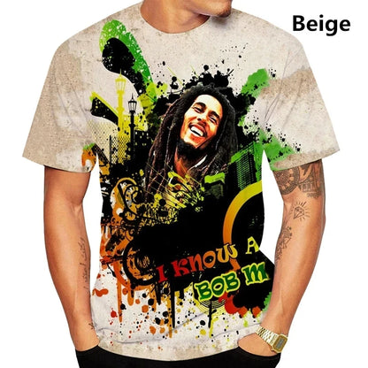 Camiseta de verão com estampa 3D do Bob Marley, estilo reggae e hip hop, para homens. Camiseta casual de manga curta.