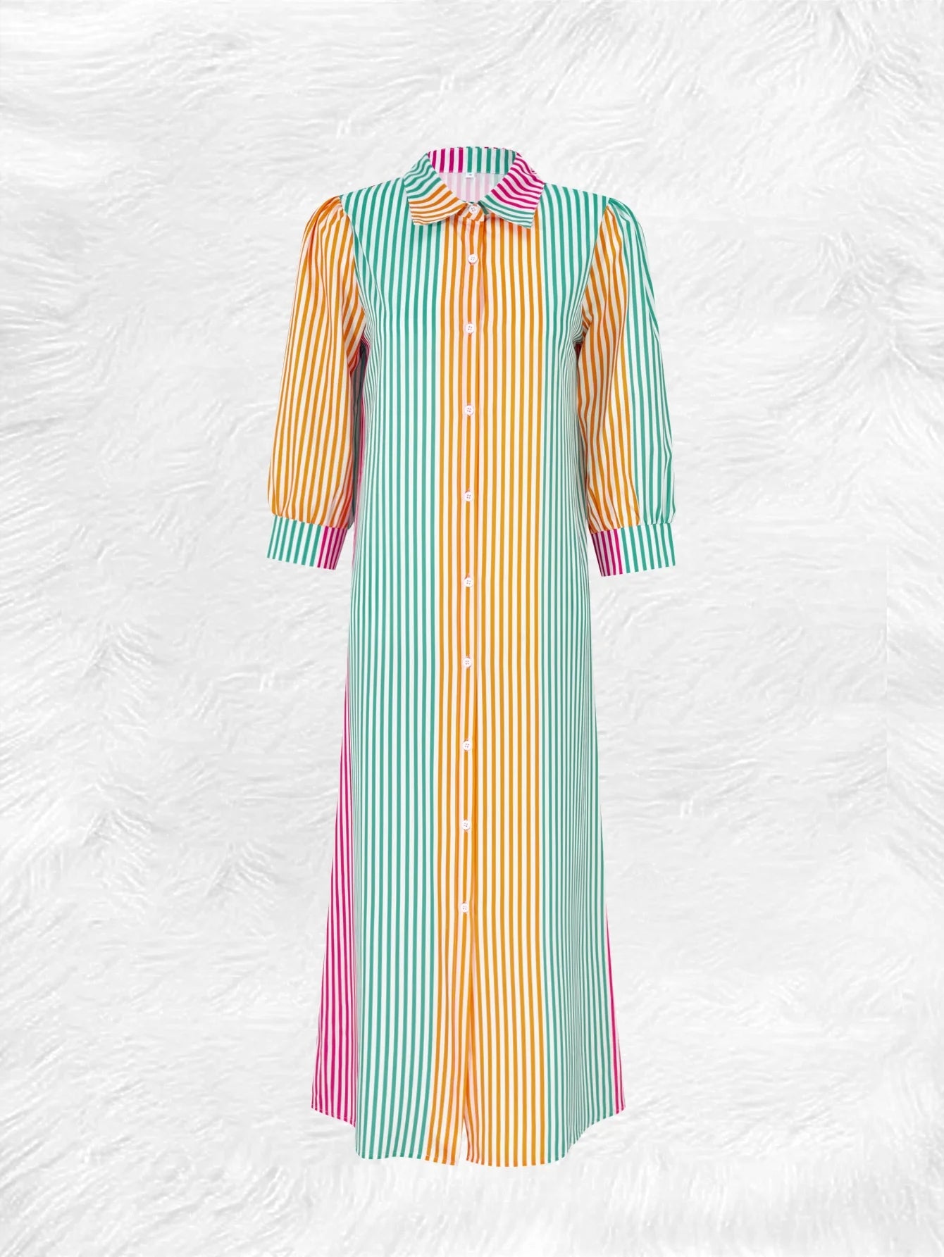 Vestido Camisa Feminino com Estampa de Listras Coloridas e Botões, Vestido Maxi com Mangas Bufantes