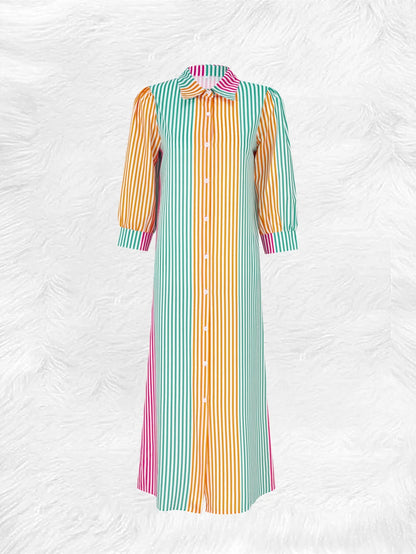 Vestido Camisa Feminino com Estampa de Listras Coloridas e Botões, Vestido Maxi com Mangas Bufantes