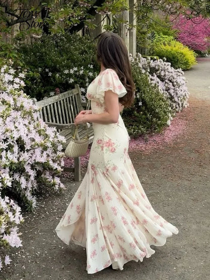 Vestido Longo Plissado com Mangas Borboleta para Mulheres, Decote V Profundo, Estampa Floral, Sexy, com Cintura Ajustável, Vestidos Femininos para Férias e Passeio
