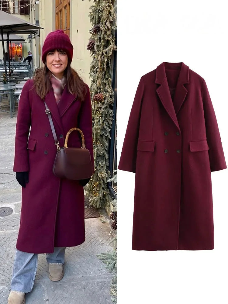 Casaco comprido feminino HH de lã, casual, para outono/inverno, com gola dobrável, mangas compridas, bolsos e abotoamento duplo.
