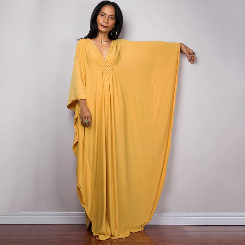 Vestidos Kaftan de Praia Plus Size para Mulheres, com Decote em V e Manga Morcego, em Cores Sólidas, Roupas de Lazer
