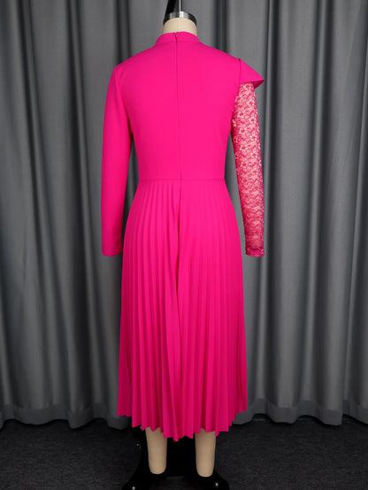 Rose Women A Line Pleated Dresses Half High Collar Patchwork Lace Long Sleeves Elegant Evening Church Party Wedding Guest Wear