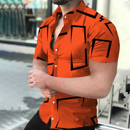 Camisas de praia com estampa geométrica 3D, camisas havaianas de manga curta, blusas masculinas, camisa gráfica, camisa Cuba, roupas masculinas