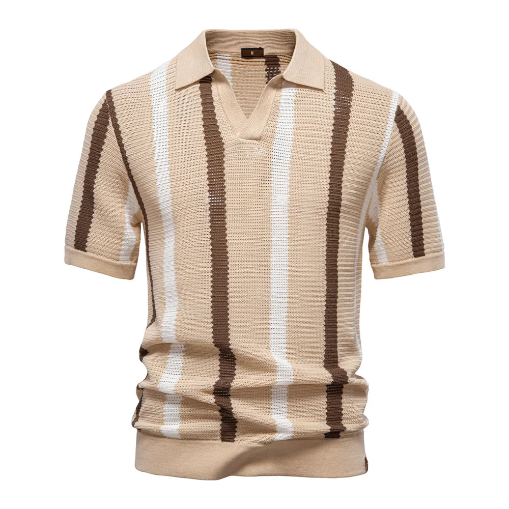 AIOPESON Men's Ribbed Knit Polo Shirt For Breathable Striped Casual Wear with Comfortable Collar High quality Male Polo Shirt