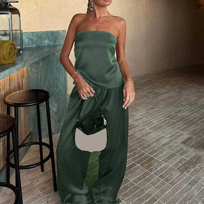 Feminino elegante sem alças solto outfits moda cintura alta cetim sólido 2pc terno sexy fora do ombro sem mangas topos & calça longa conjunto