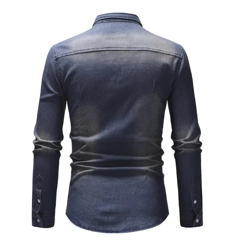 Camisa Jeans Vintage Masculina KIDWHXR com Gola Dobrável, Manga Longa, Slim, Casual, Estilo Cargo, com Botões