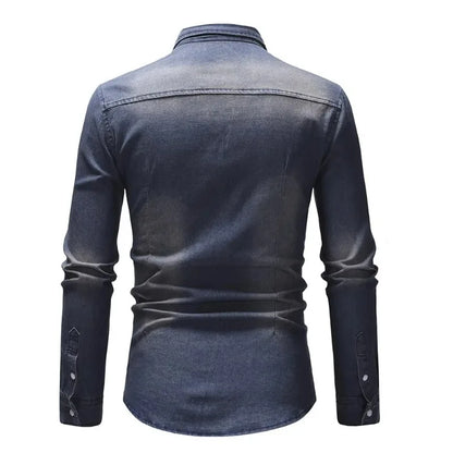 Camisa Jeans Vintage Masculina KIDWHXR com Gola Dobrável, Manga Longa, Slim, Casual, Estilo Cargo, com Botões