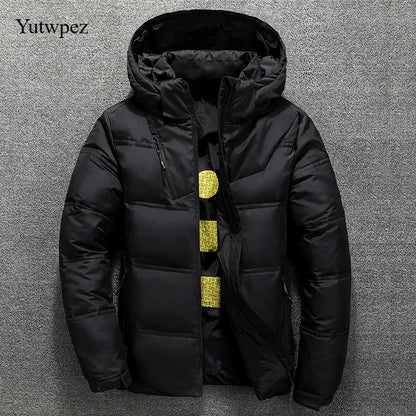 Casaco Casual com Capuz para Exterior, Jaqueta de Plumas Brancas para Homens, Casaco de Inverno Masculino, Impermeável, Capuz Removível, Parkas em Cores Sólidas
