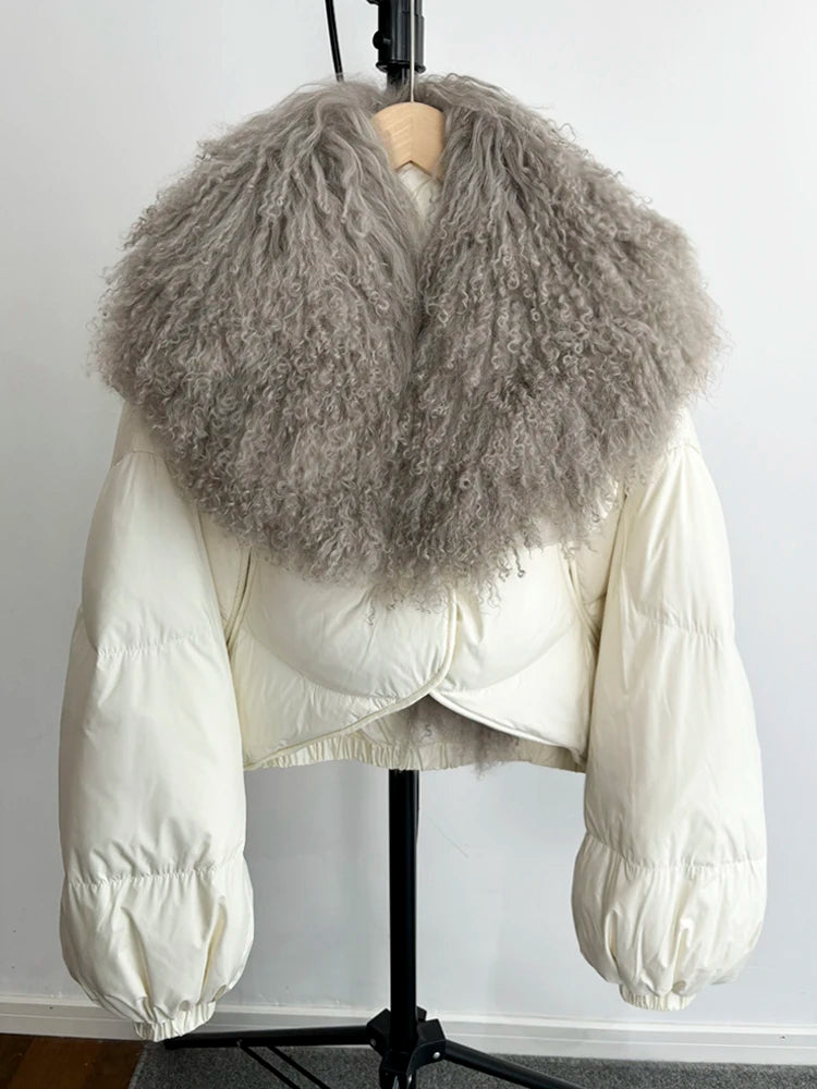Janveny-Casaco de ovelha mongol de penas curtas para mulheres, 90% Duck Down Parkas, casaco de inverno feminino, 2024