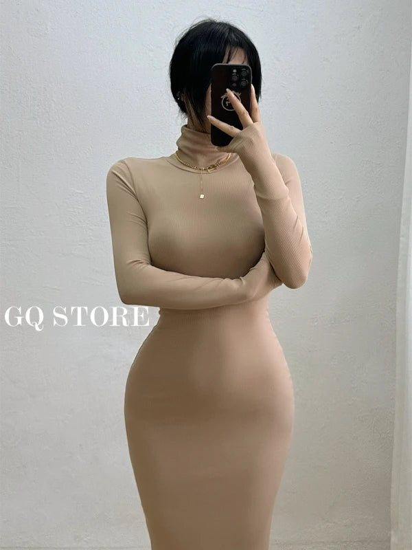 Vestido longo feminino WOMENGAGA de outono/inverno, manga comprida, gola alta, corte justo, cauda de sereia, elegante e delicado (código 0O60).