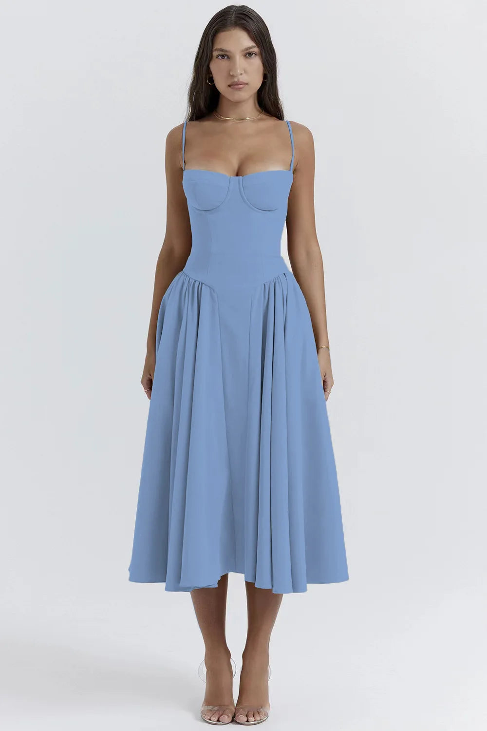 Elegante vestido plissado sem encosto sem mangas feminino, vestido Midi monocromático, vestido feminino de festa à noite, sexy, verão, 2024