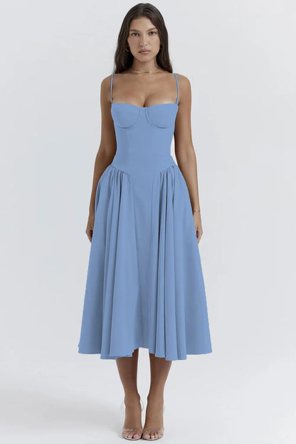 Elegante vestido plissado sem encosto sem mangas feminino, vestido Midi monocromático, vestido feminino de festa à noite, sexy, verão, 2024