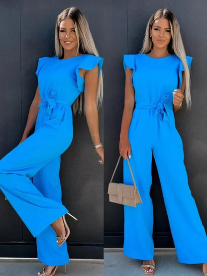 Elegante moda feminina branco borboleta manga macacão sólido casual o-pescoço cintos perna larga playsuit verão senhora do escritório macacões