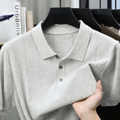 Camisa polo masculina de manga curta, cor sólida, confortável, em tecido jacquard de luxo, de alta qualidade, nova, fina, casual, para o verão.
