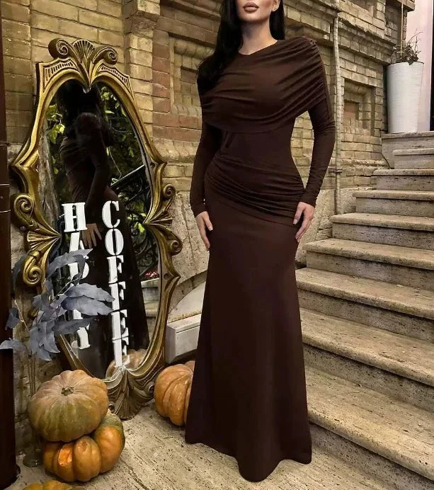 Cpsymym vestidos femininos primavera novo em torno do pescoço mangas compridas elegante temperamento ruched cintura cinching magro vestido longo de noite