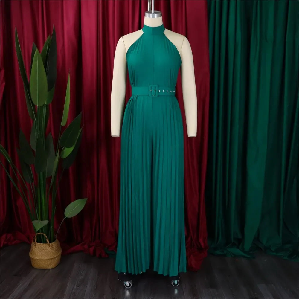 CPSYMYM Sexy Halter Sleeveless Women's Reunion Romper Summer New Female Elegant Pleated Waist Belted Wide Leg Jumpsuit Pants